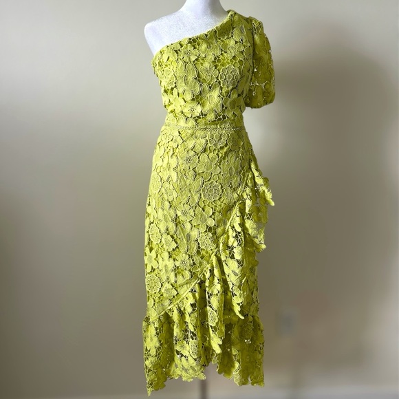 JUST ME Lime Crochet Lace One Shoulder Short Sleeve Midi Dress Just Me Sz. Large - Picture 8 of 13